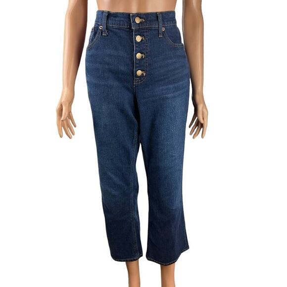 J Crew Mid Rise Flare Crop Jeans Dark Wash Size 31 Button Fly Stretch Denim - Picture 1 of 8
